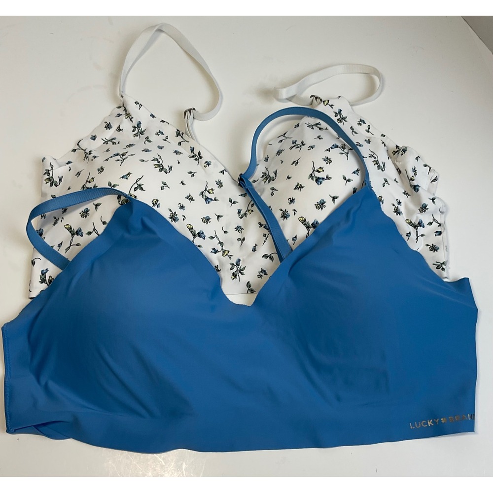 Lucky Brand Womens XL Bralette 2 Pack Blue Solid Floral White Seamless Wireless